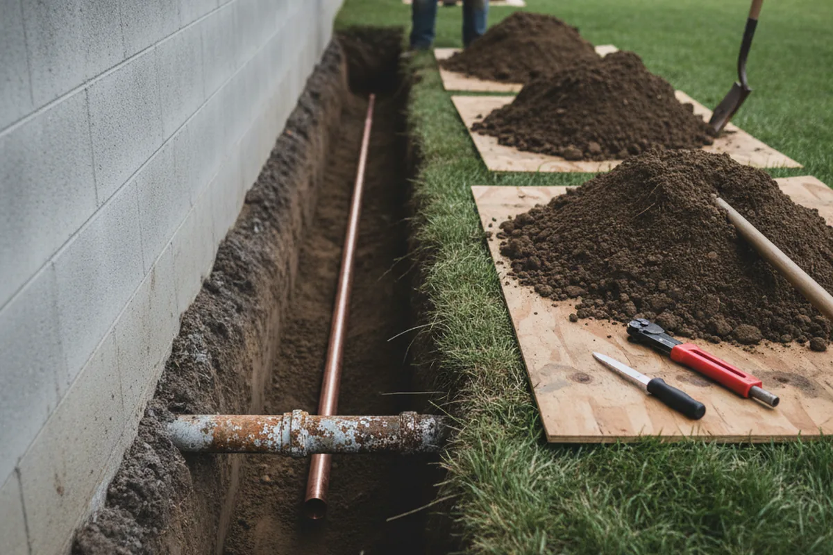 Excavated water line trench during Water Heater Repair in Henderson Harbor